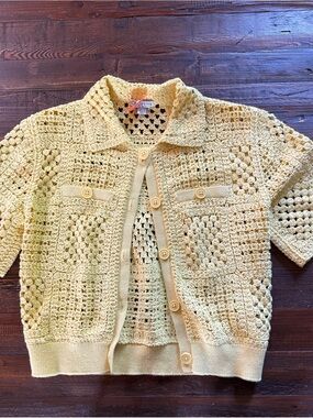 Crewcuts Yellow Crochet Button-Front Sweater Top Sz 10/11